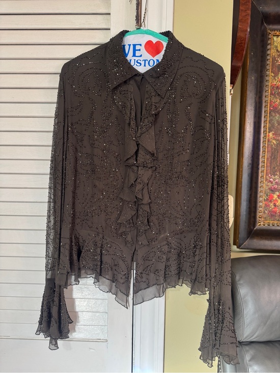 spencer evening Tops - Women's Black Beaded Ruffle Front Button-Down Blouse